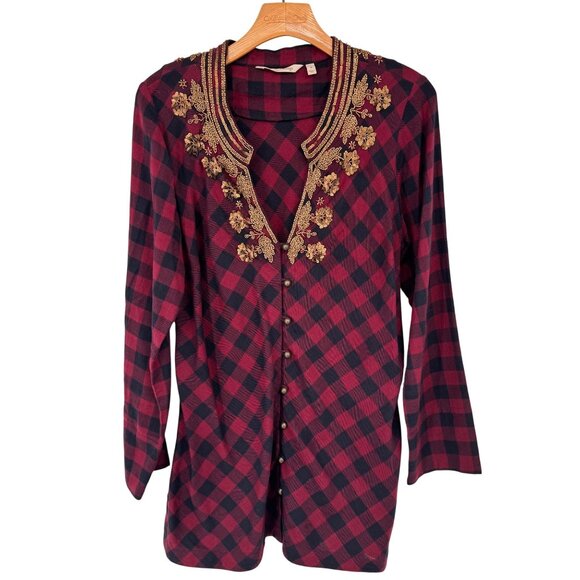 Soft Surroundings Plaid Tunic Top Gold beaded Long Sleeves Cotton red Sz Medium - Picture 2 of 13